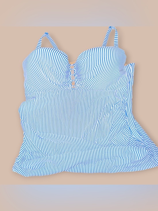 Cacique Other - Cacique Swim Strapless One Piece Blue White Stripe Ruffle 44DD Plus Size